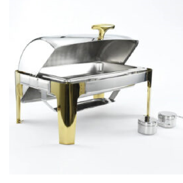 silver and gold rectangular chaffing dish